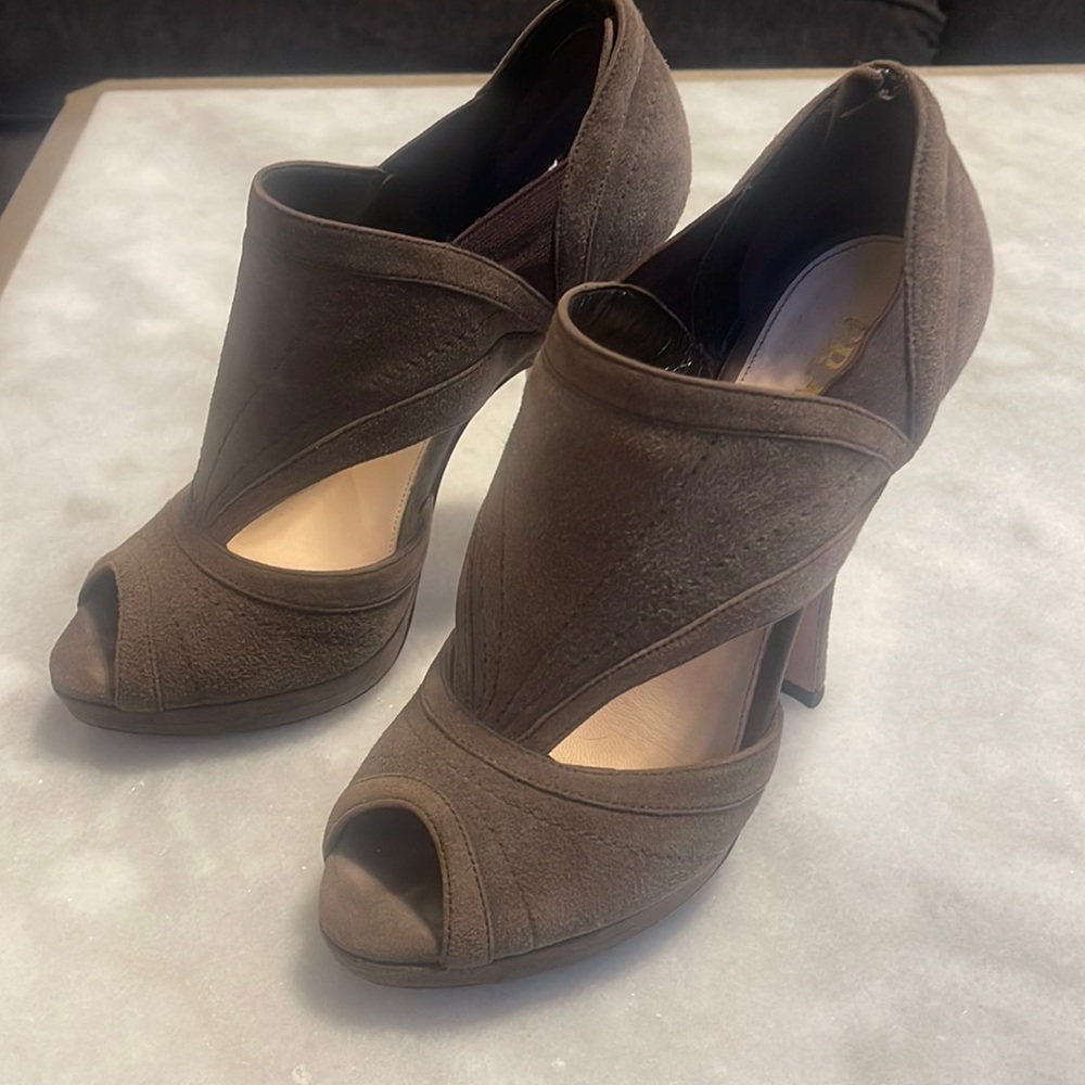 Prada Taupe/grayish brown 5 inch suede sexy cut out shoes